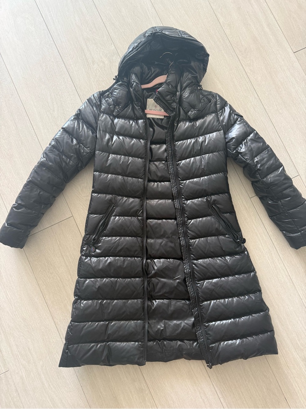 Moncler Black Gloss Quilted Long Hooded Puffer Coat-0